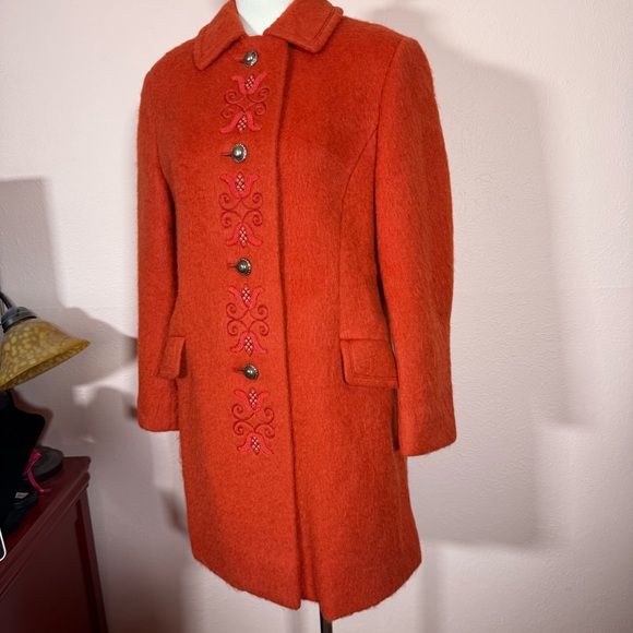Vintage 1940 50 Austrian Loden Burnt orange wool Mohair Embroidered Long Coat - Picture 14 of 17
